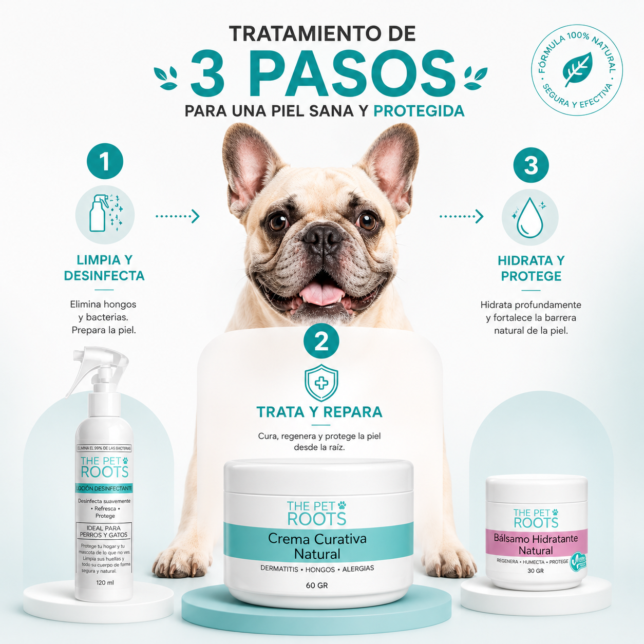 Recupera y protege la piel de tu mascota con un tratamiento completo de 3 pasos.